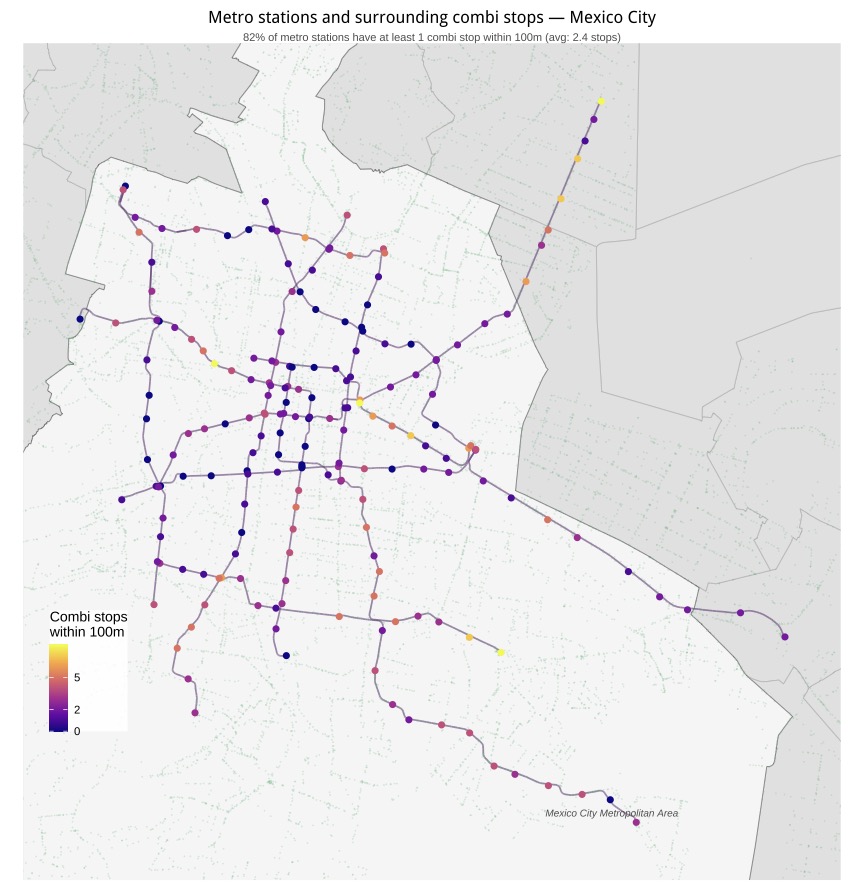 Metro stations and surrounding combi stops in Mexico City